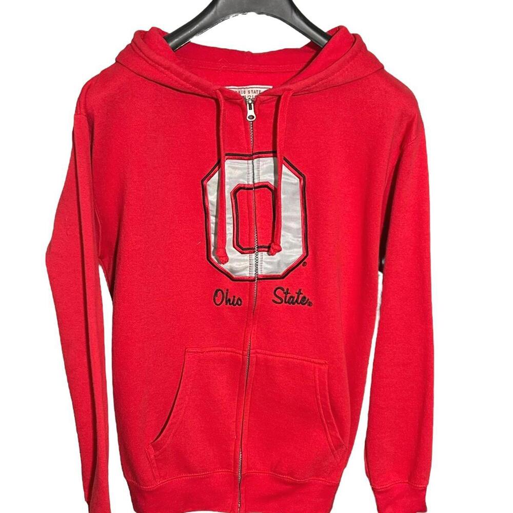 OHIO STATE BUCKEYES Womens L Scarlet Gray Varsity Full-Zip Cotton Jacket Hoodie